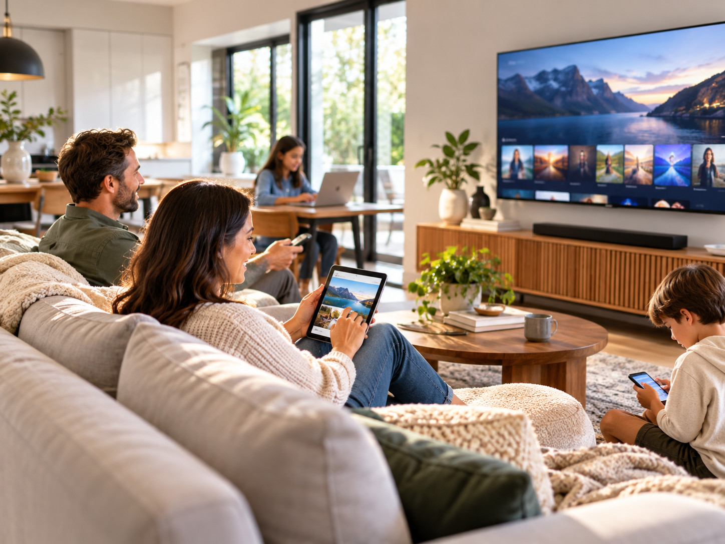 Family using a smart TV, laptop, tablet and phone across a connected living room