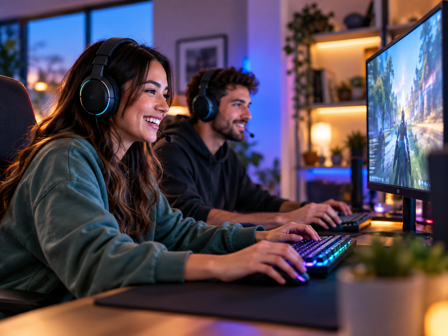 Two people gaming together on a connected desktop setup