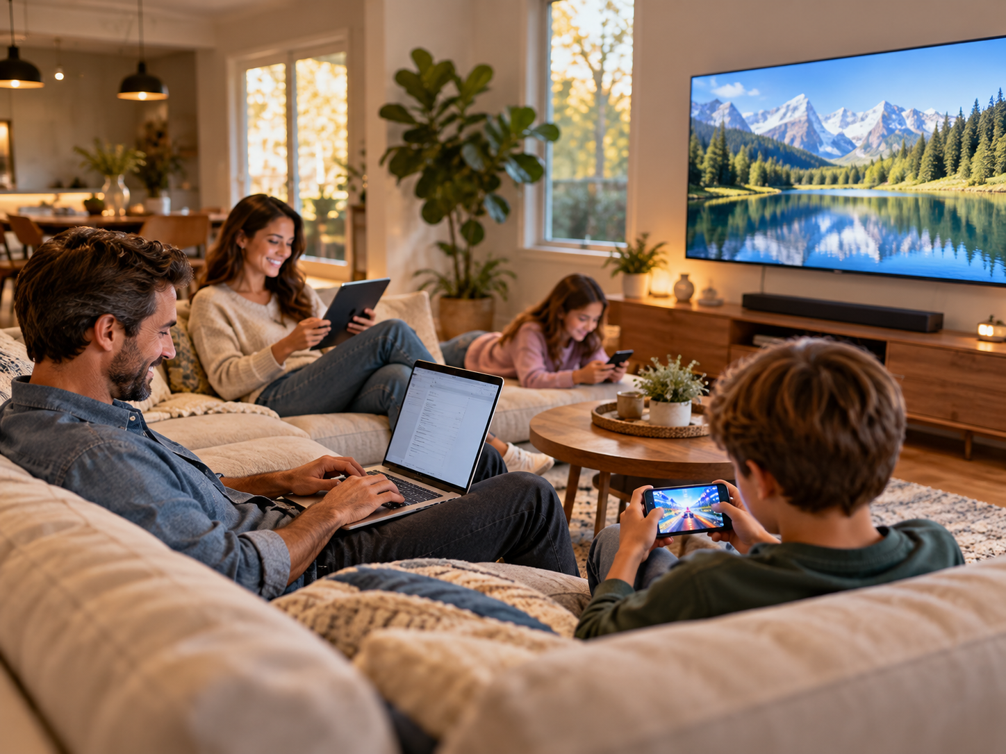 Family using TV, laptop, tablet and phones in a connected living room